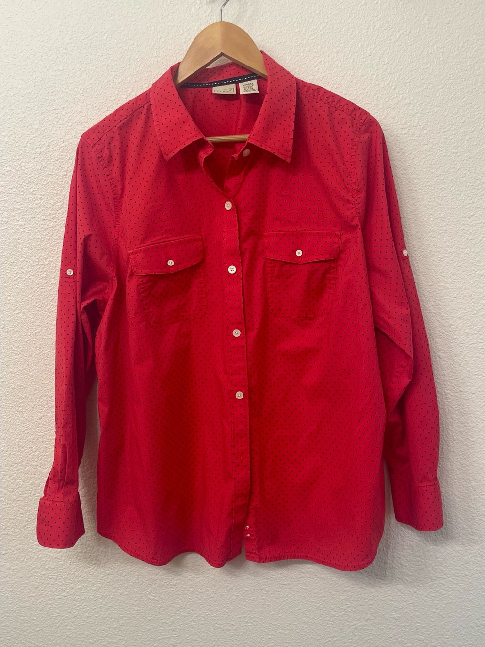 L.L. Bean Women's Red Button-Down Shirt with Subtle Black Dot Print